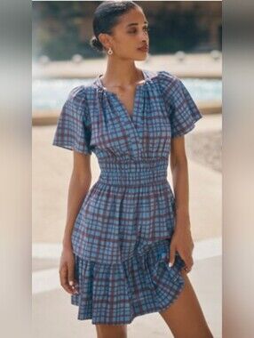 Somerset Mini Dress Plaid Blue & Maroon Short Sleeve Smocked-Waist Dress